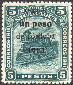 Nicaragua Stamps 1913 1P/5P gold currency surcharge on Steam Locomotive Waterlow
